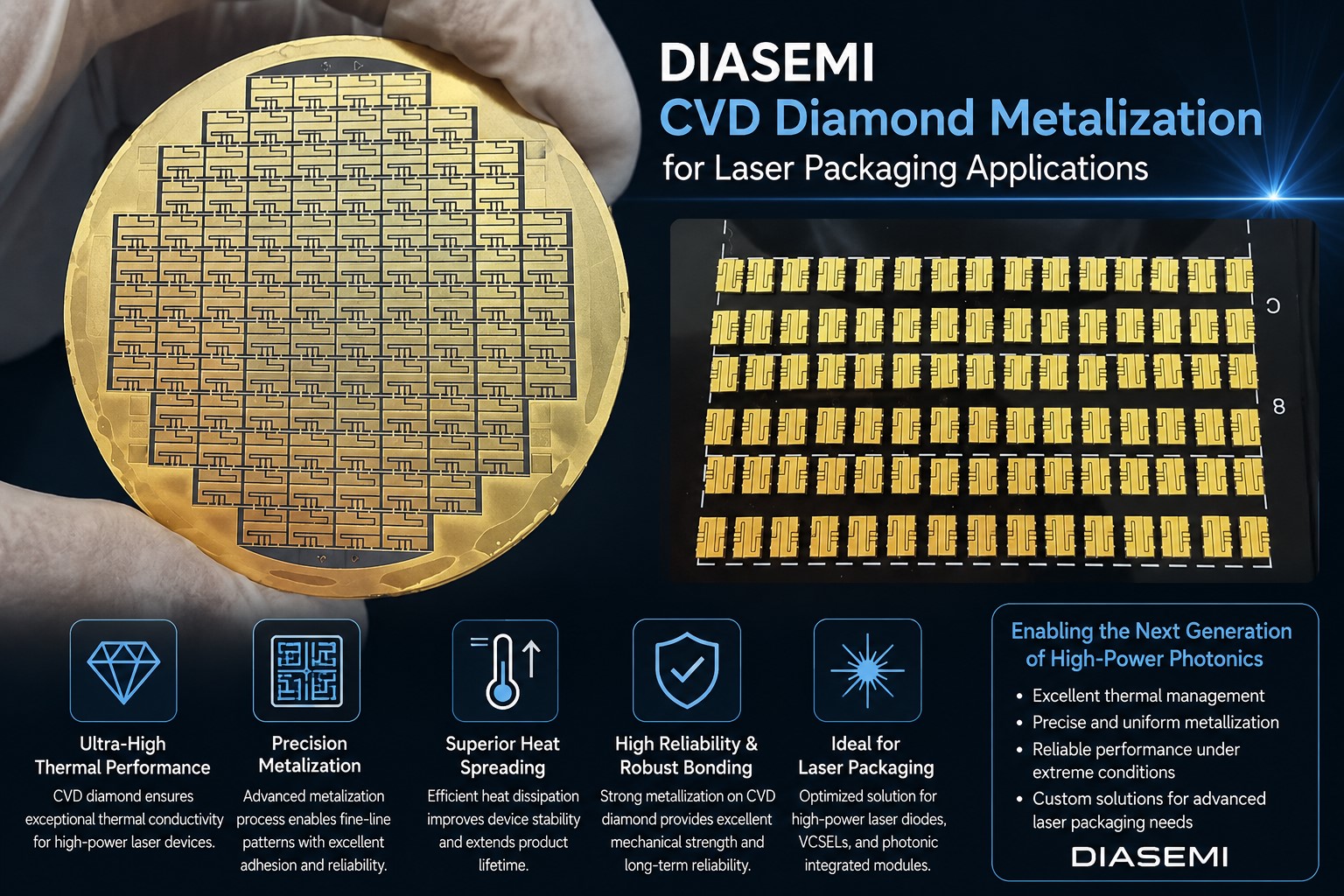 Diasemi CVD diamond with metalization for laser packaging application